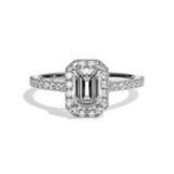 Bague solitaire halo diamant émeraude or blanc - Amoureuse pavée
