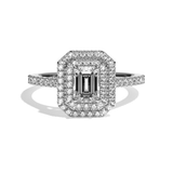 Bague solitaire halo diamant émeraude or blanc - Eblouissante