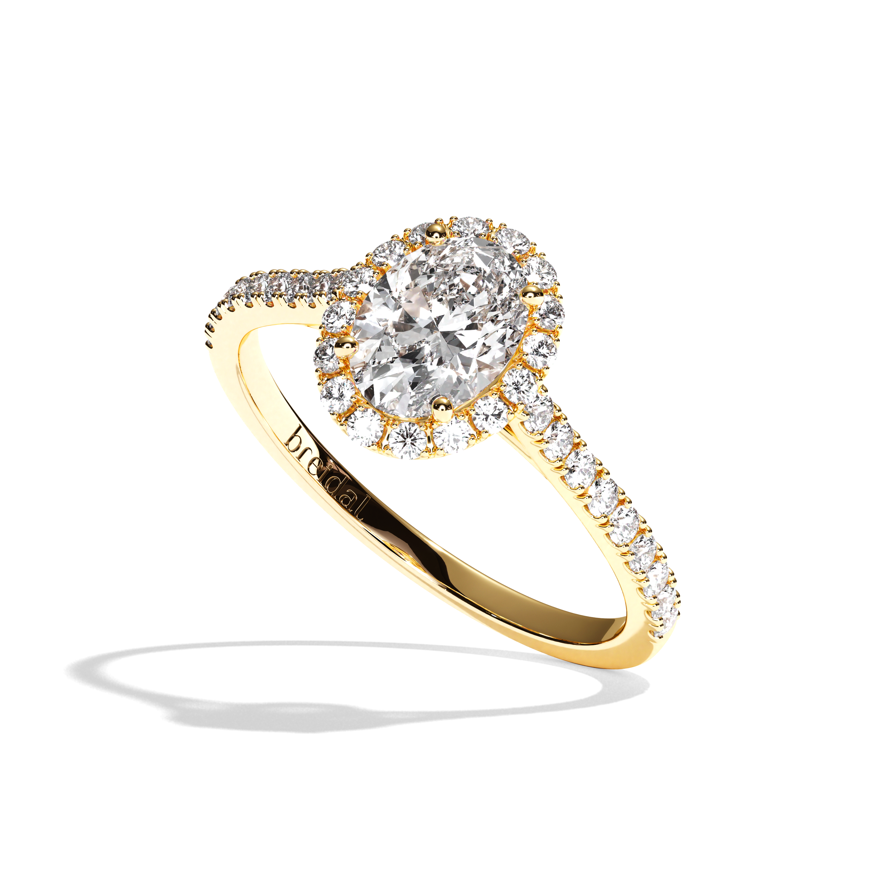 Bague solitaire halo diamant oval or blanc - Amoureuse pavée
