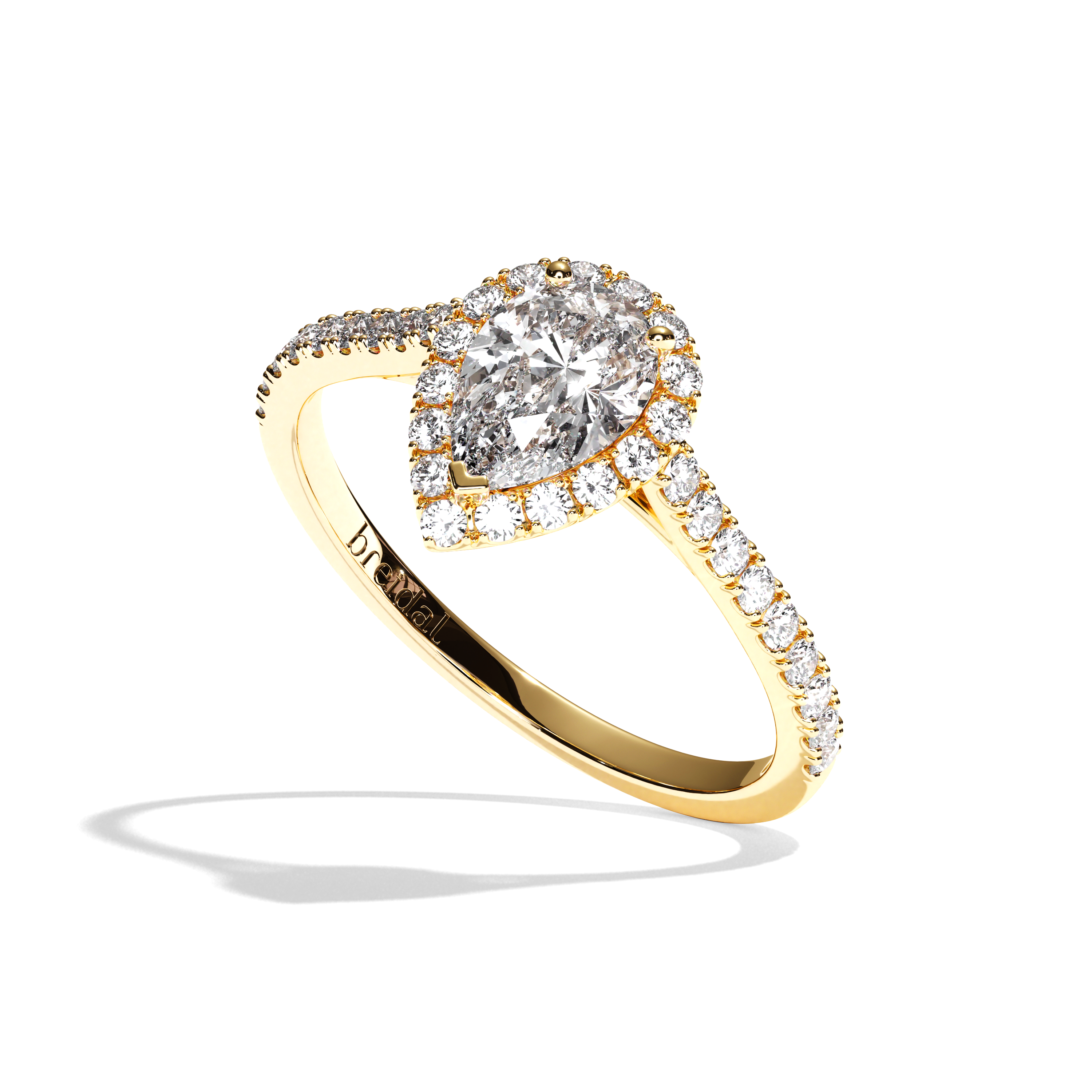 Bague solitaire halo diamant poire or blanc - Amoureuse pavée