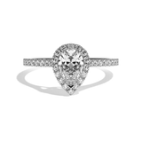 Bague solitaire halo diamant poire or blanc - Amoureuse pavée