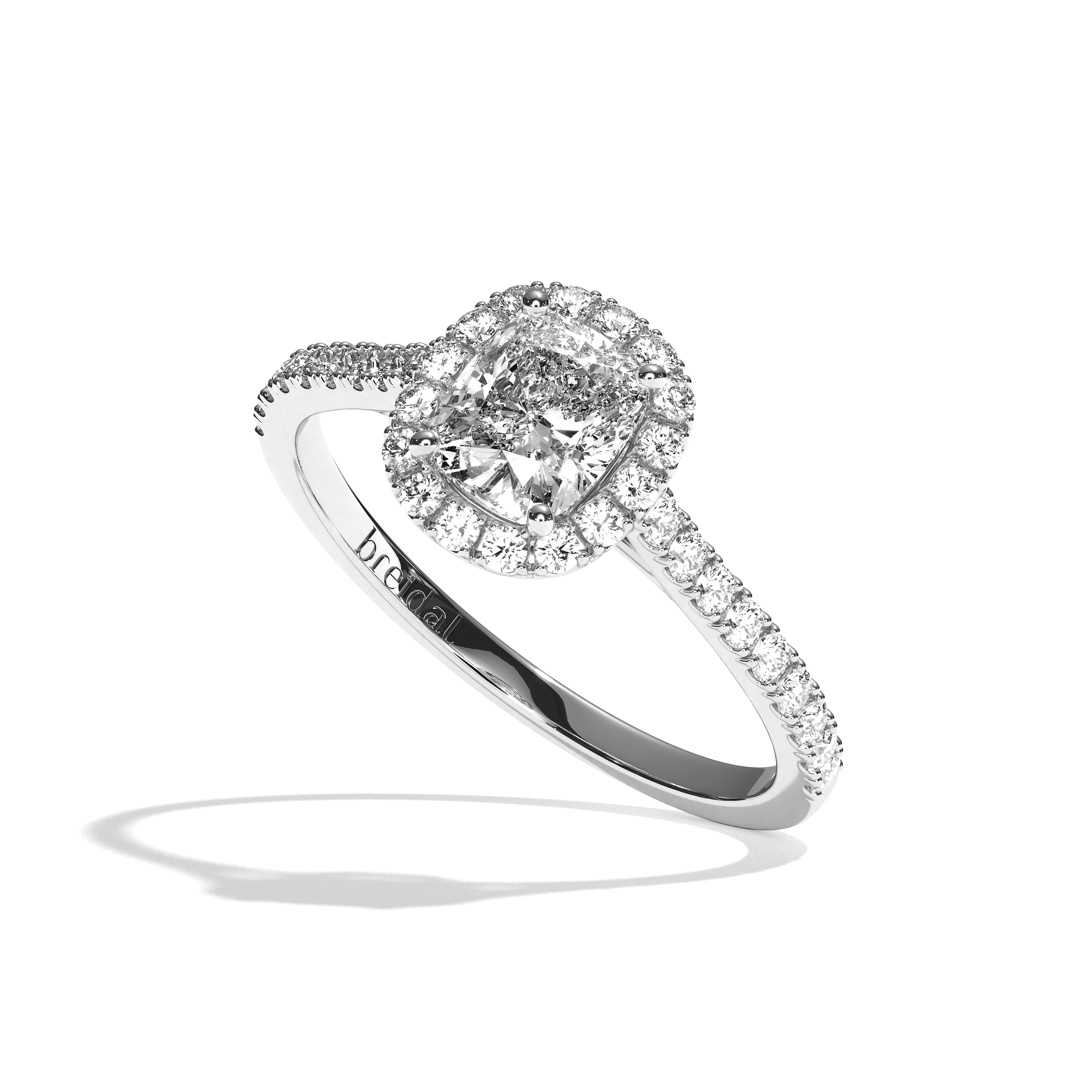 Bague solitaire halo diamant coussin or blanc - Amoureuse pavée